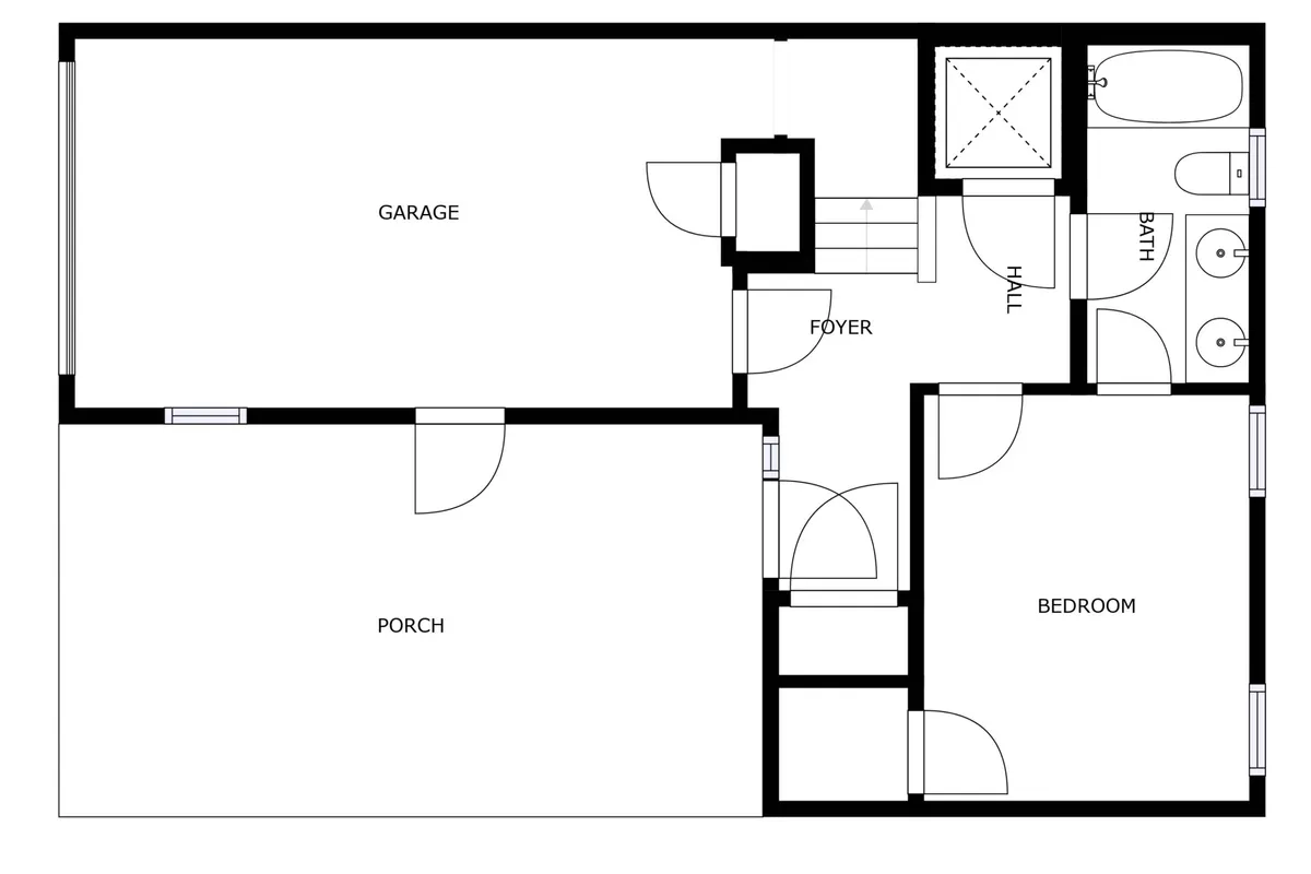 A view of the home's foyer, garage, porch, bath, and bedroom, showcasing a welcoming entryway with adjacent spaces. The image hints at modern construction, practical amenities, and a smooth transition from arrival to relaxation.